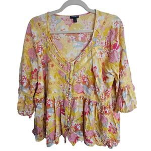 Torrid Top Floral Blouse Women 1X Yellow Bell Sleeve Blouse Embroidered Blouse